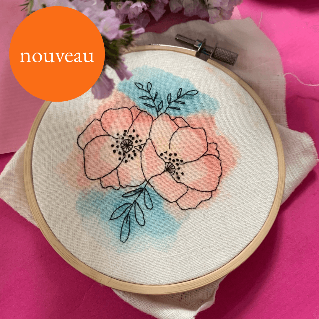 Kit à peindre et à broder - Fleur de pavot au fil noir