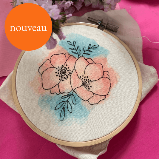 Kit à peindre et à broder - Fleur de pavot au fil noir