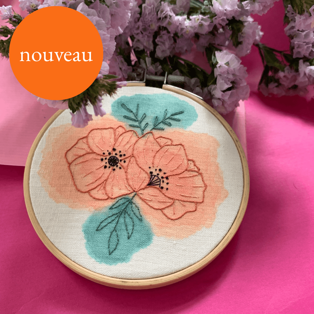 Kit à peindre et à broder - Fleur de pavot aux fils de couleur